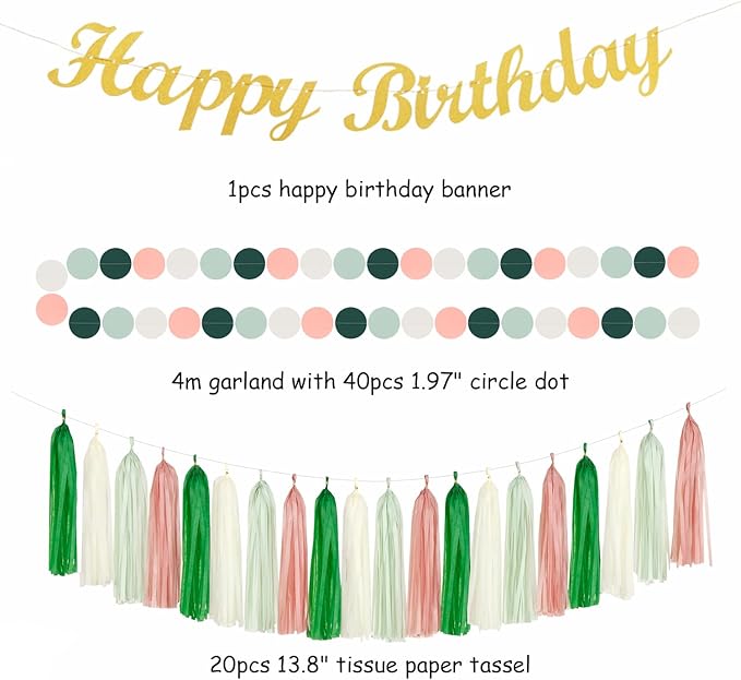 Olive Sage-Green Beige Happy-Birthday Party-Decorations - 31pcs Women Girls Adults Paper Lanterns Streamers Banner,Tissue Pom Poms Decor,Flower Fans Tassels Graland Boho Neutral Supplies Hugmoon