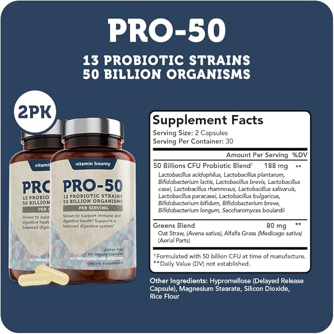 Vitamin Bounty Pro-50 Probiotic 50 Billion CFU - 13 Strain Supplement for Men & Women + Prebiotics - Digestive Health & Gut Support - Lactobacillus & Bifidobacterium - Delayed Release Capsules, 2 Pack