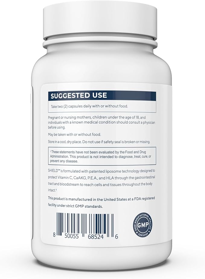 Shield | Liposomal Vitamin C CaAKG P.E.A Hyaluronic Acid Supplement | 120 Capsules with Vitamin C (500mg) CA AKG (150mg) Palmitoylethanolamide (75mg) HLA (75mg) | Made in The USA
