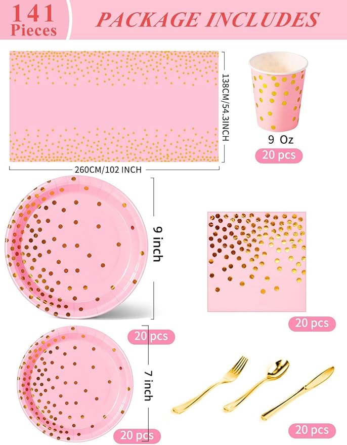 141 Pieces Pink and Gold Party Supplies, Disposable Party Decorations Sets Include Paper Plates Napkins Cups, Plastic Forks Knives Spoons, for Baby Shower Birthday Wedding -20 Guests