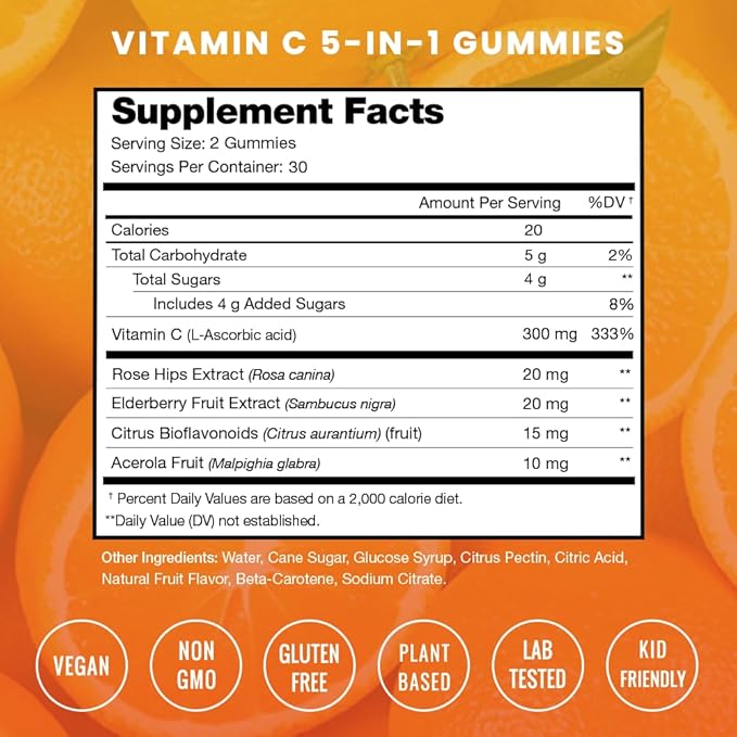 NutraChamps Vitamin C Gummies for Adults & Kids, 5-in-1 Immune System Support with Elderberry, Rosehips, Citrus Bioflavonoids & Acerola Cherry, Immunity Booster Supplement (Pack of 2)