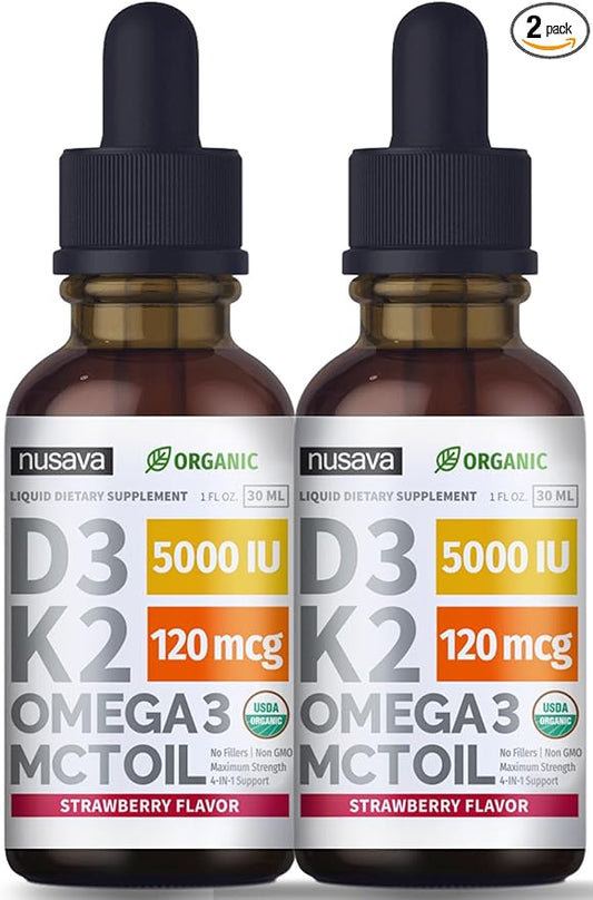 (2 Pack) Organic Vitamin D3 K2 Drops 5000 IU with MCT Oil Omega 3 - Maximum Strength Liquid D3 with No Fillers, Non-GMO for Faster Absorption, Immune Support (Strawberry, 2 Fl Oz)