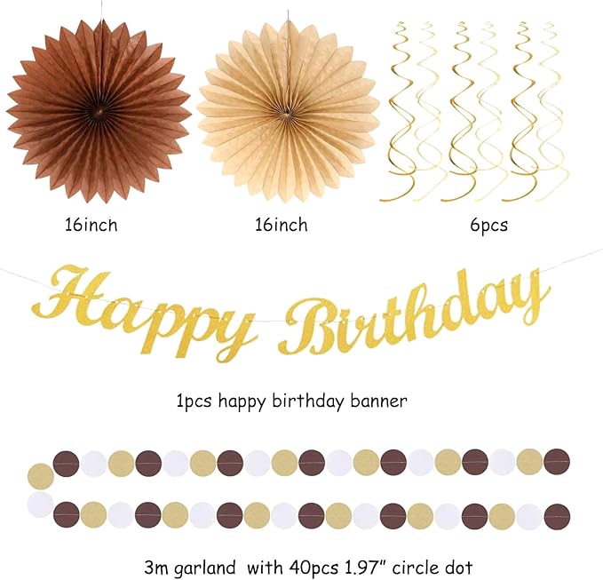 White-Brown Champagne-Gold Boho Birthday Party-Decorations - 21pcs Happy Banner,Beige Neutral Rustic Paper Lanterns Honeycomb, Hanging Streamers,Tissue Pom Poms Flower Fan,Fall Decor Supplies Huglony
