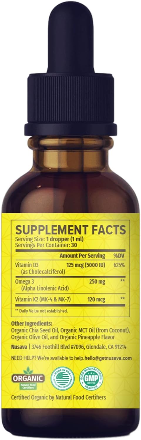(4 Pack) Organic Vitamin D3 K2 Drops with MCT Oil Omega 3, Maximum Strength Vitamin D Liquid 5000 IU, No Fillers, Non-GMO Liquid D3 for Faster Absorption and Immune Support (Pineapple, 4 Fl Oz)