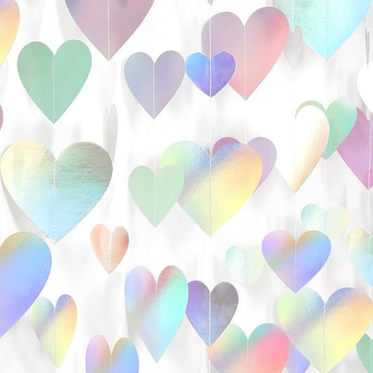 Iridescent Disco-Holographic Party-Decorations Love-Heart Garland - 39Ft Wedding Hanging Decoration Neon Streamers Banner, Birthday Bachelorette Baby Bridal Shower Engagement Decor Hugtmr