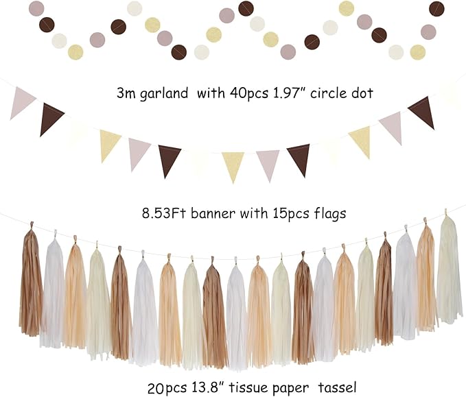 Boho Baby-Shower White-Brown Champagne Fall Party-Decorations - 33pcs Banner,Streamers Tassel Garland,Tissue Pom Poms Honeycomb,Paper Lantern Fan,Autumn,Bridal,Christmas,Birthday,Wedding Decor Hugtmr