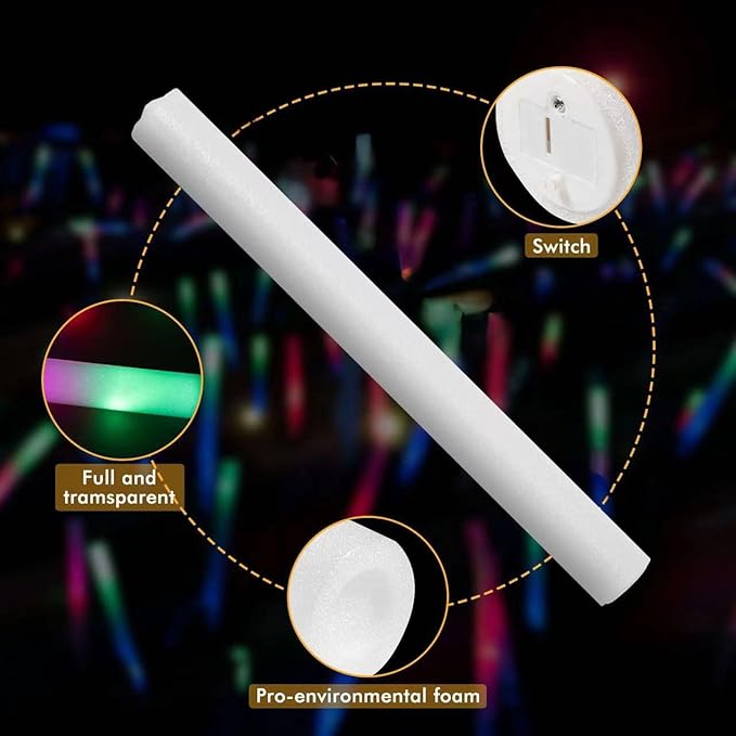 100PCS LED Foam Sticks, Foam Light Up Sticks with 3 Modes Colorful Flashing, Glow in Dark Party Supplies, Glow Stick Bulk Party Pack for Wedding, Raves, Concert, Camping, Sporting Events, Pool