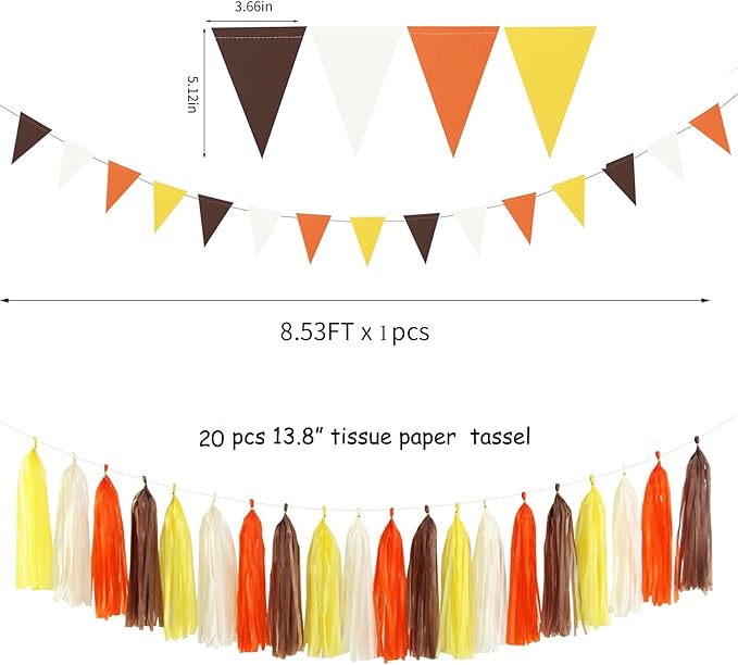 Brown-Orange Yellow Baby-Shower Party Decorations - 30pcs Fall Autumn Harvest Thanksgiving Tissue Pom Poms Streamers, Birthday Bridal Wedding Bachelorette Tassel Garland Banner Decor Ouruola
