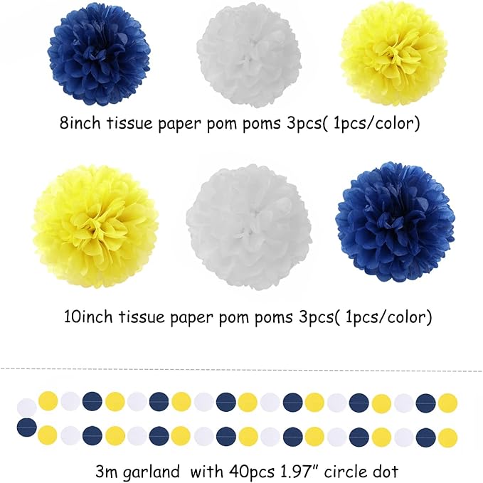 Navy-Blue White-Yellow Graduation Party Decorations - 23pcs Tissue Pom Poms Streamers,Birthday Tassel Garland Banner,Wedding Engagement Baby Bridal Shower Decor Ouruola