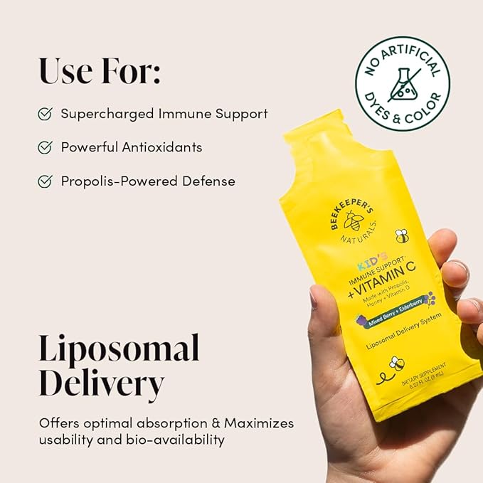 Kid's Immune Liposomal Vitamin C by Beekeeper's Naturals, 500 mg Vitamin C, Elderberry, Vitamin D, Propolis & Honey, Kid-Friendly Immune Support - Mixed Berry Flavor, Easy to Use, Bioavailable, 12 Ct