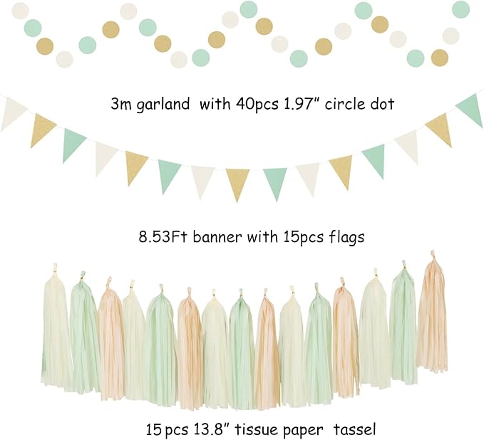 Sage-Green Beige Champagne-Gold Party-Decorations - 33pcs Neutral Women Birthday Baby Shower Banner,Streamers Tassel Garland,Tissue Pom Poms,Paper Lantern Fans,Boho Wedding Bachelorette Decor Hugtmr