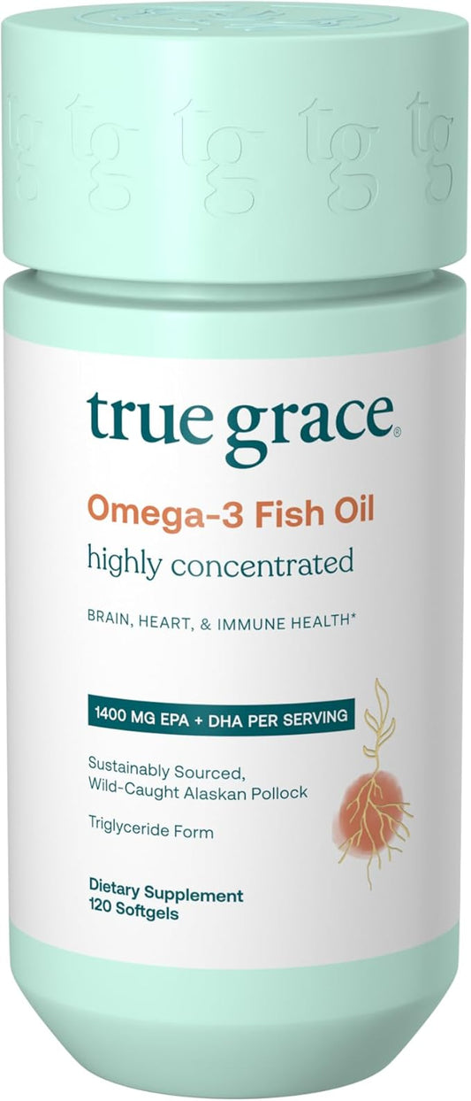 True Grace Omega-3 Fish Oil - 120 Softgels - 1400 mg EPA + DHA - Brain, Heart, Joint & Immune Health - Organic, Gluten Free, Soy Free