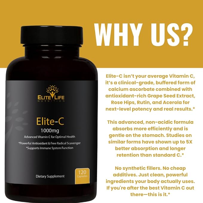 Elite-C – 1000mg of Pure, Non-Acidic Vitamin C – Buffered, High-Absorption, USA-Sourced & Made – Grape Seed, Rosehip, Rutin, Acerola – Clean, Non-GMO, Bioavailable Immune Support, 120 Capsules