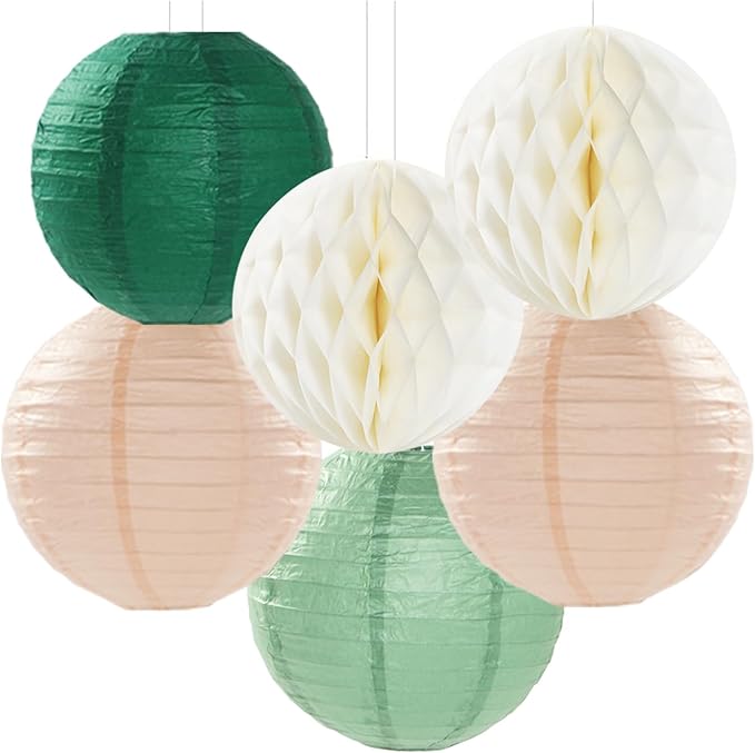 Olive-Sage Green Champagne-Gold Party-Decorations Lanterns - 14pcs Rustic Wedding Paper Fan Streamers,Tissue Pom Poms Honeycomb,Boho Bachelorette Neutral Baby Shower Birthday Bridal Decor Ouruola