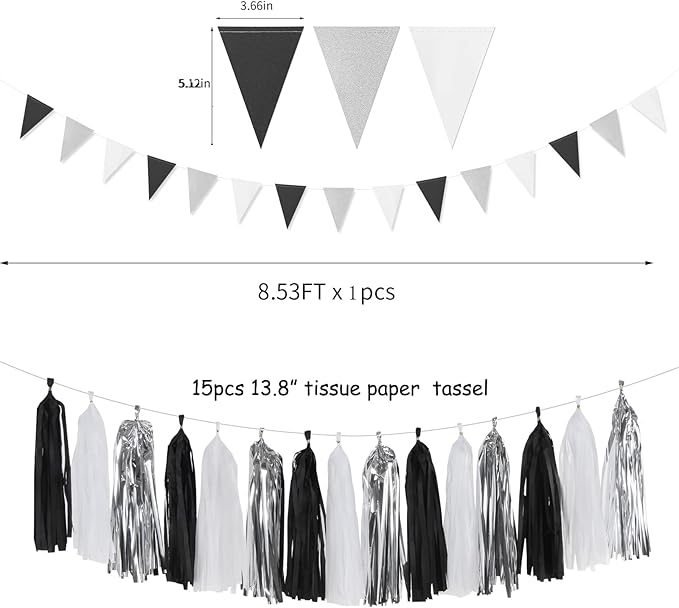 Black White Silver Party-Decorations Streamers - 23pcs Tissue Pom Poms, Graduation Men Boys Birthday Tassel Garland Banner,Wedding Baby Bridal Shower New Years Decor Lasting Surprise