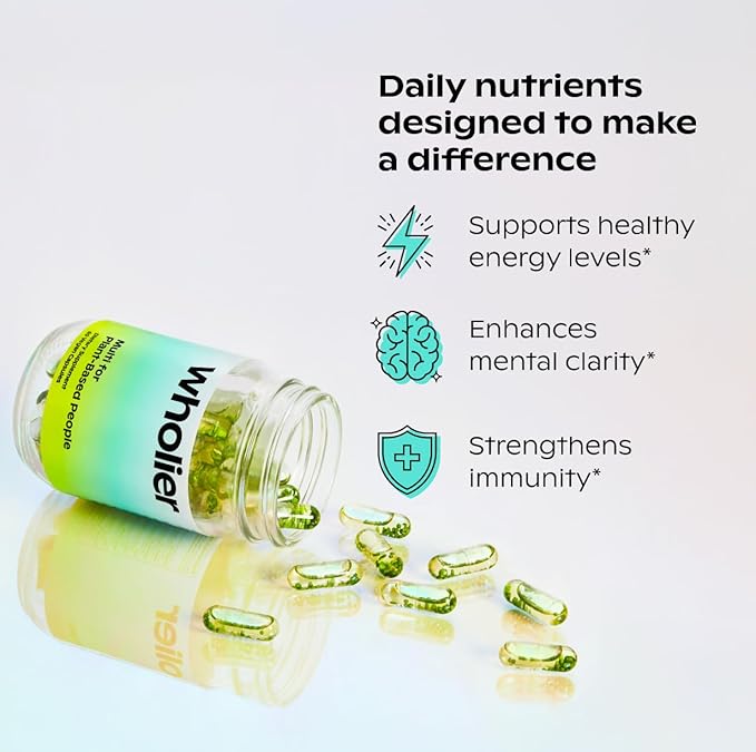 wholier Plant Based Multivitamin Vegan Omega-3 DHA EPA, Vitamin D, B12, Zinc, Vitamin K2, Iron, Iodine, Selenium. 60 Count (30-Day Supply) Glass Bottle