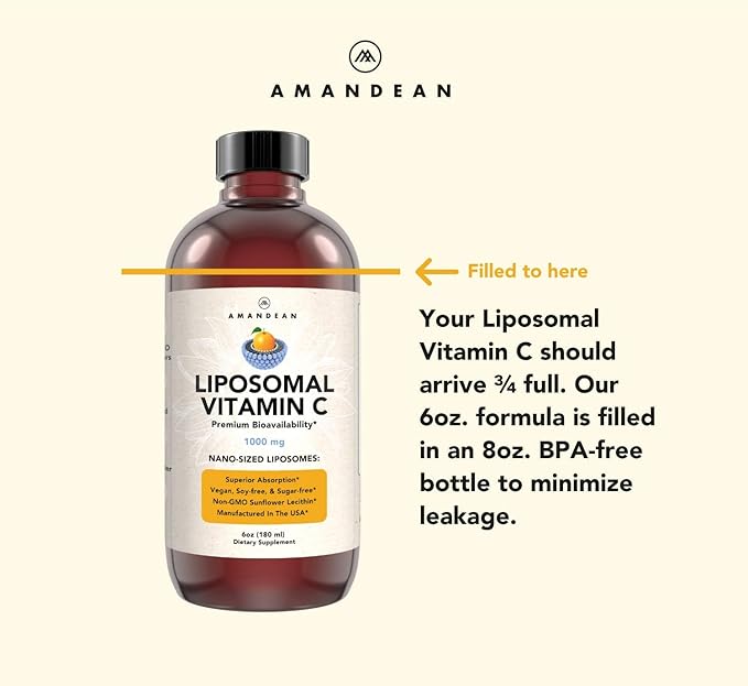 AMANDEAN Liposomal Vitamin C 1000mg. Liquid VIT C Supplement. Immune Support, Skin Health, Collagen Production. Fast Absorbing Antioxidant Delivery. Quali-C, Soy-Free, Vegan, Non-GMO.