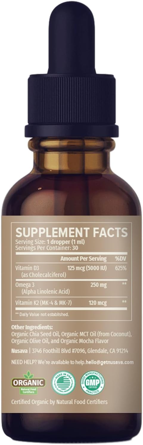 (2 Pack) Organic Vitamin D3 K2 Drops with MCT Oil Omega 3, 5000 IU, Maximum Strength Vitamin D Liquid, No Fillers, Non-GMO Liquid D3 for Faster Absorption and Immune Support (Mocha, 2 Fl Oz)