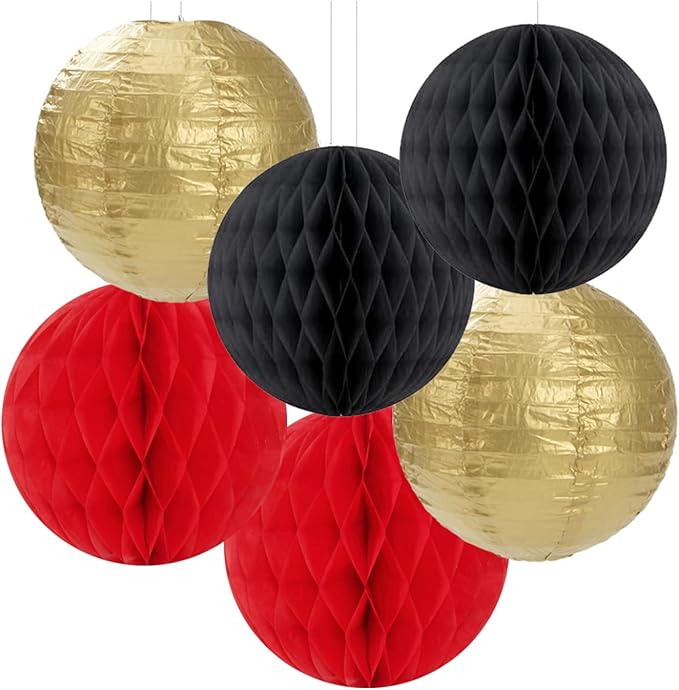 Red-Black Gold Party Decorations Streamers Lanterns - 14pcs Casino-Theme Graduation 2025 Paper Fan,Game Night Wedding Birthday Baby Bridal Shower Tissue Pom Poms,Honeycomb Balls Decor Ouruola