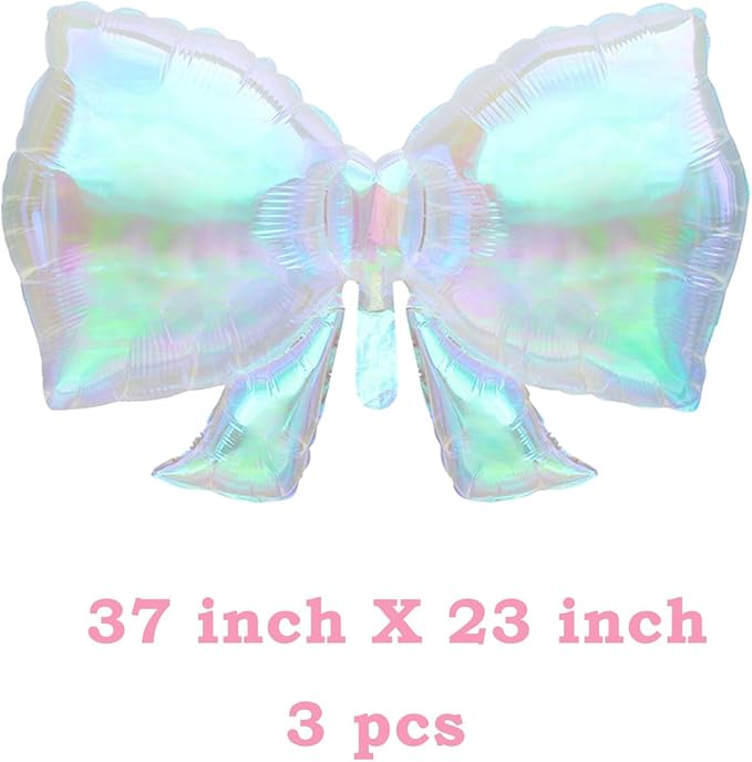 FBQ 3 Pcs Iridescent Bow Foil Balloons Giant Holographic Clear Foil Balloons Anniversary Birthday Baby Shower Wedding Party Decorations Supplies