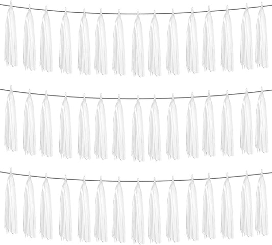 3P White Foil Fringe Metallic Tassel Streamers Banner Tassel Garland for Parade Floats, Graduation, Wedding, Birthday, Halloween, Christmas, Bridal/Baby Shower Party Decorations