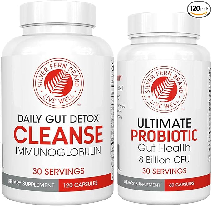 Silver Fern Gut Rehab Kit - 30 Day Supply - Cleanse Daily (1 Bottle = 120 Capsules) & Ultimate Probiotic (1 Bottle = 60 Capsules) - Immunoglobulins & Spore Forming Probiotics