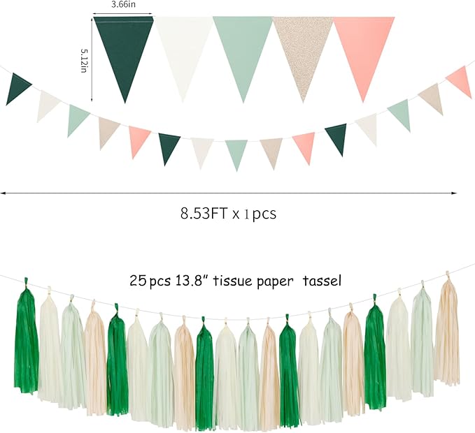 Olive-Sage Green Champagne-Gold Party Decorations - 23pcs Rustic Wedding Tissue Pom Poms Streamers, Boho Bachelorette Neutral Baby Shower Birthday Bridal Decor Ouruola