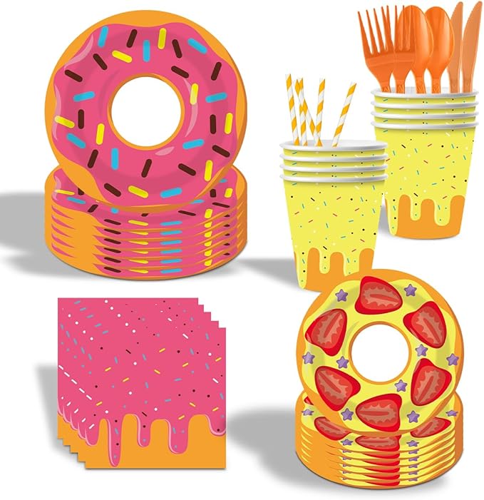 Donut Themed Birthday Tableware Set,162 Pcs Paper Plates Napkins Cups Tablecloth Knives Fork Spoon Paper Banner and Straws for Birthday Christmas Party Supplies Serves 20 Guests (Girls)