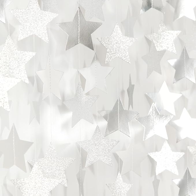 Glitter-Silver Party-Decorations Star Christmas Garland - 62ft Birthday Twinkle Little Star Hanging Streamers Banner,Bachelorette Engagement Wedding New Years Supplies Decor Hugtmr