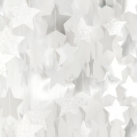 Glitter-Silver Party-Decorations Star Christmas Garland - 62ft Birthday Twinkle Little Star Hanging Streamers Banner,Bachelorette Engagement Wedding New Years Supplies Decor Hugtmr