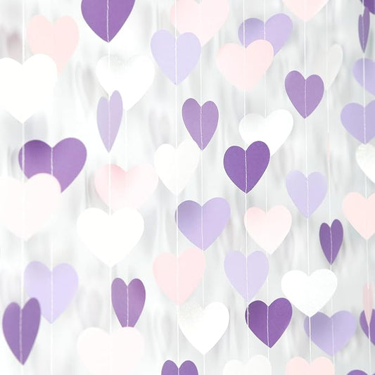 Purple-White Pink Birthday Party-Decorations Streamers - 52FT Hanging Heart Garland Banner,Baby Bridal Shower Engagement Wedding Anniversary Bachelorette Graduation Backdrop Decor Hugtmr