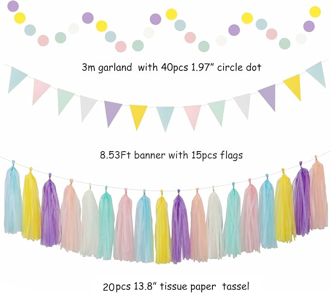 Pastel Rainbow Pink Purple Yellow Peach Party-Decorations - 33pcs Kits Banner,Streamers Tassel Garland,Tissue Pom Poms Honeycomb,Paper Lantern Fans,Birthday Wedding Bridal Baby Shower Decor Hugtmr
