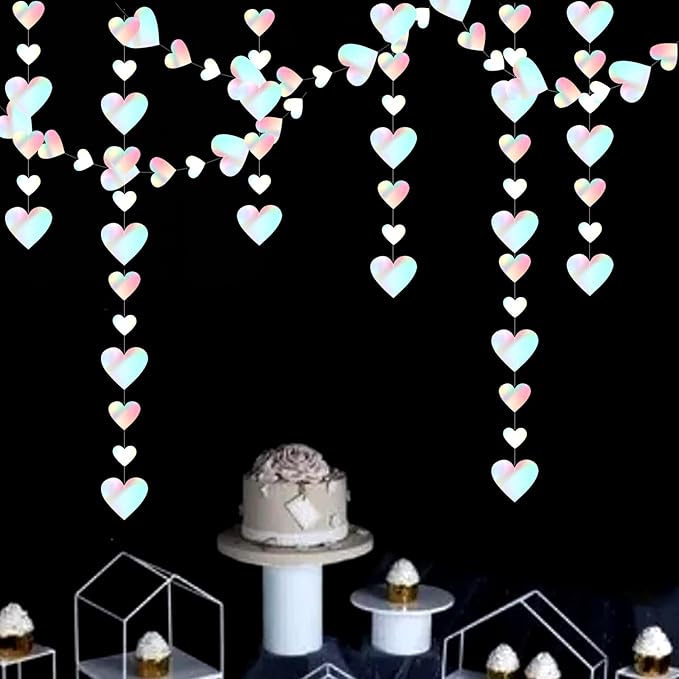 Iridescent Disco-Holographic Party-Decorations Love-Heart Garland - 39Ft Wedding Hanging Decoration Neon Streamers Banner, Birthday Bachelorette Baby Bridal Shower Engagement Decor Hugtmr