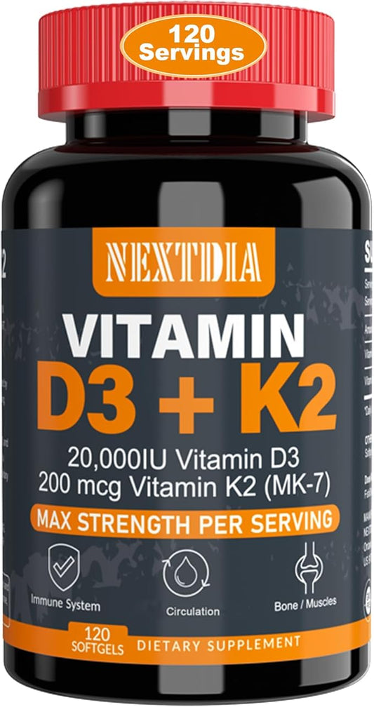 Vitamin D3 20,000 IU + Vitamin K2( MK7 )200mcg - Optimal Vitamin D3 & K2 Softgel - Strong Bones & Muscle, Calcium Absorption & Immune Support, Helping Vitamin D Deficiencies, Easy to Swallow, Non GMO