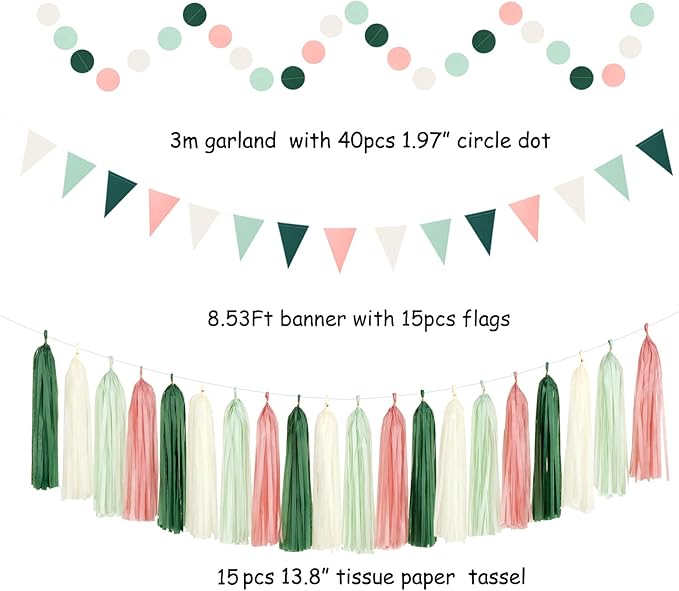 Sage-Olive Green Pink-Beige Boho Party-Decorations - 33pcs Birthday Streamers Tassel Garland,Banner Tissue Pom Poms,Paper Lantern Fans,Rustic Neutral Wedding Baby Bridal Shower Engagement Decor Hugtmr
