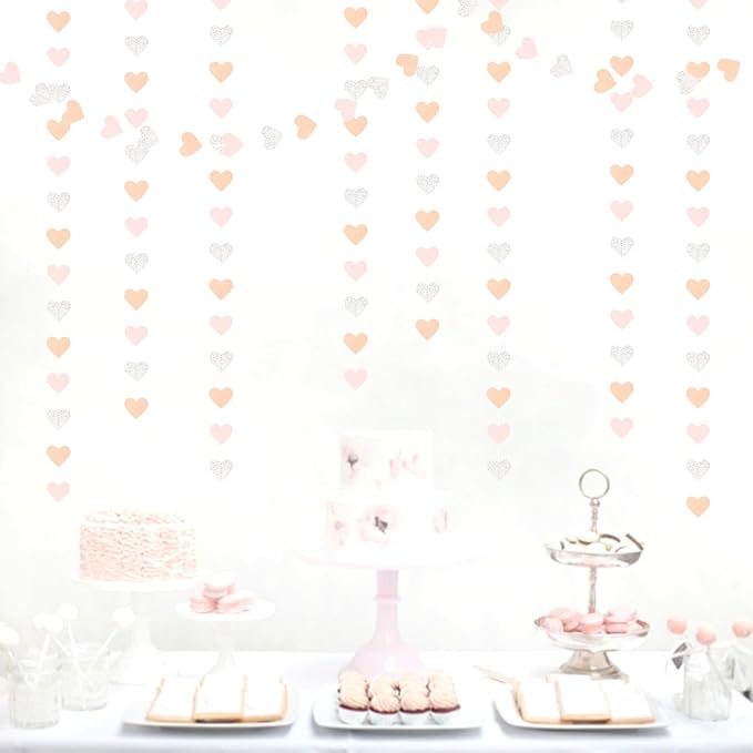 Pink-Silver Peach Birthday Party-Decorations Streamers - 52FT Hanging Heart Garland Banner,Baby Bridal Shower Engagement Anniversary Bachelorette Wedding Backdrop Decor Hugtmr