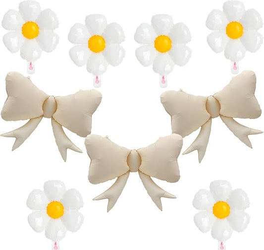 FBQ 6 Pcs White Daisy Flower Balloons and 3 Pcs White Bow Foil Balloon Flower Theme Girls Birthday Baby Shower Wedding Party Decorations(9 Pcs)