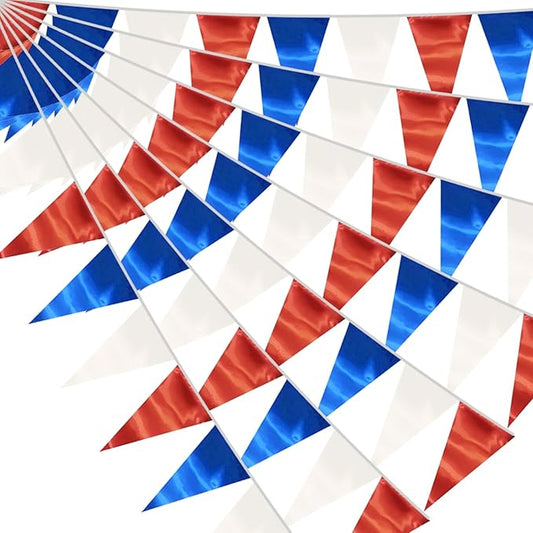 40M/130FT White Blue Red Triangle Pennant Banner Flag Metallic Fabric Bunting Garland for Christmas Graduation, Independence Day, 4th of july, Patriotic Themed Party Decoration