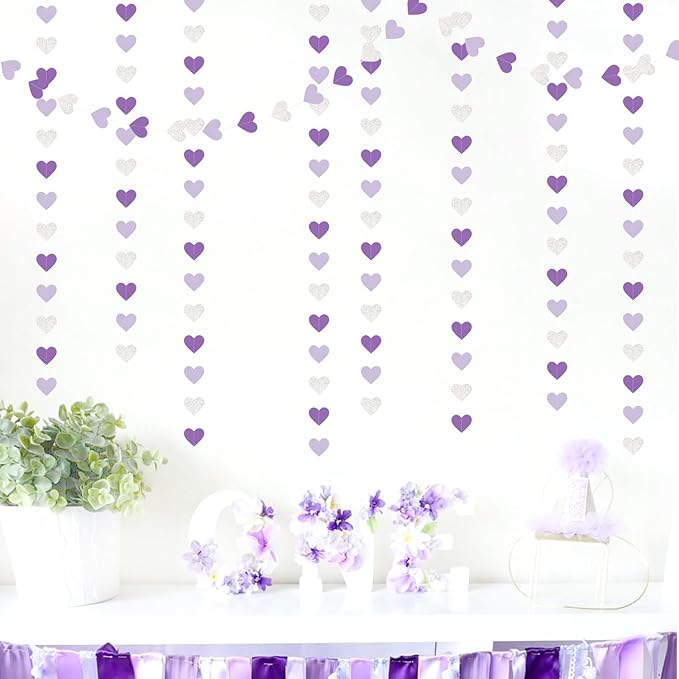 Purple Silver Birthday Party-Decorations Streamers - 52FT Graduation Hanging Heart Garland Banner,Baby Bridal Shower Engagement Wedding Anniversary Bachelorette Backdrop Decor Hugtmr