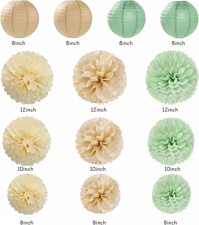 Sage-Green Champagne-Gold Baby Shower Party Decorations - 20pcs Neutral Birthday Paper Lanterns Fans,Boho Wedding Tissue Pom Poms,Honeycomb Streamers Banner,Bridal Graduation Rustic Decor Burgleda