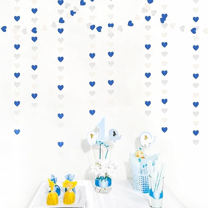 Navy-Blue White-Silver Birthday Party-Decorations Streamers - 52FT Graduation Hanging Heart Garland Banner,Baby Bridal Shower Wedding Engagement Bachelorette Backdrop Decor Hugtmr