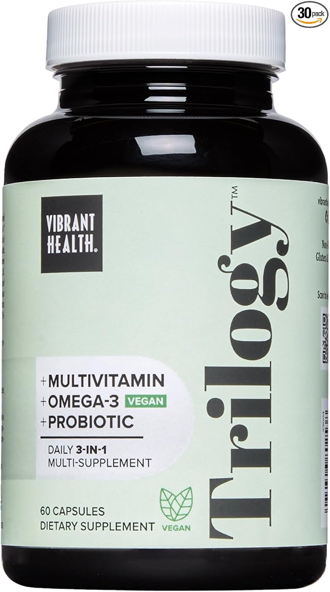 Vibrant Health, Trilogy Vegan, Probiotic Multivitamin with an Essential Blend of Omega-3 from Vegan Algal Oil, Vitamin A, B12, C, D3, E, Selenium, Magnesium & Zinc, 30 Servings