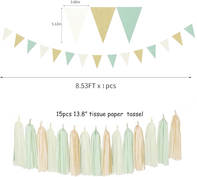 Sage-Green Gold-Champagne Party Decorations - 23pcs Neutral Birthday Baby Shower Tissue Pom Poms Streamers, Boho Wedding Bachelorette Engagement Tassel Garland Banner,Bridal Decor Suppilies Ouruola