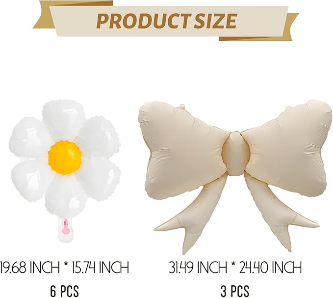 FBQ 6 Pcs White Daisy Flower Balloons and 3 Pcs White Bow Foil Balloon Flower Theme Girls Birthday Baby Shower Wedding Party Decorations(9 Pcs)