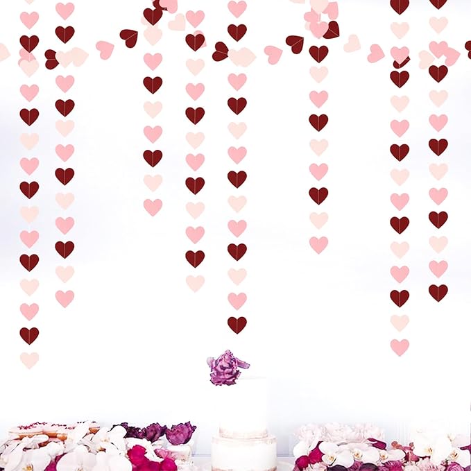 Pink Burgundy Party-Decorations Heart Garland - 62FT Wedding Hanging Streamer Banner,Birthday Baby Bachelorette Engagement Mothers Day Bridal Shower Backdrop Decor Hugtmr
