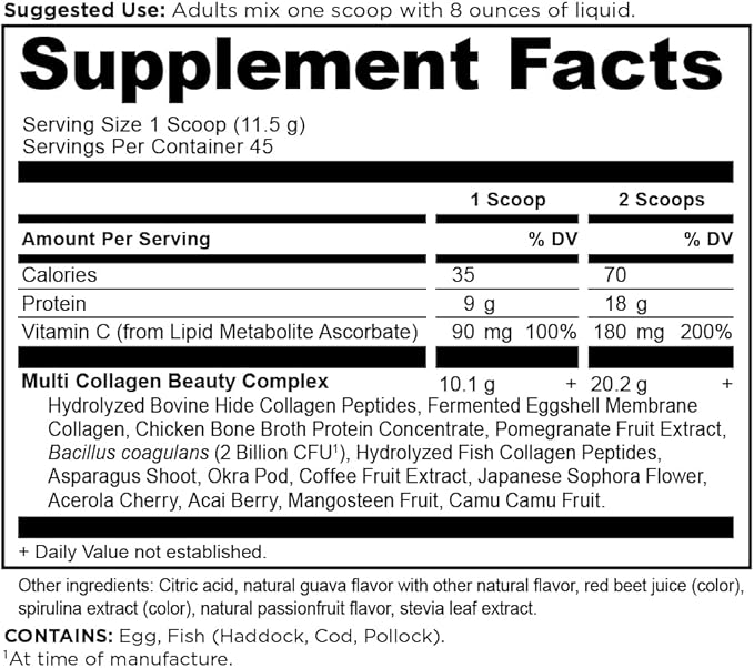 Ancient Nutrition Collagen Powder Protein, Multi Collagen Protein Beauty Within, Guava Passionfruit, with Vitamin C, Hydrolyzed Collagen Peptides Supports Healthy Skin and Nails, 18.3oz