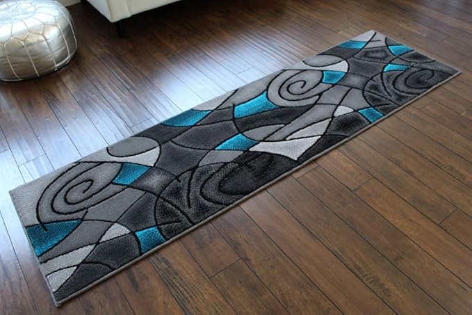 Masada Rugs, Modern Contemporary Runner Area Rug, Blue Grey Black (2 Feet X 7 Feet)