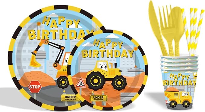 Construction Vehicle Paper Plates Set,162 Pcs Paper Plates Napkins Cups Tablecloth Knives Fork Spoon Papers Banner and Straws for Party Supplies Serves 20 Guests (Boys)