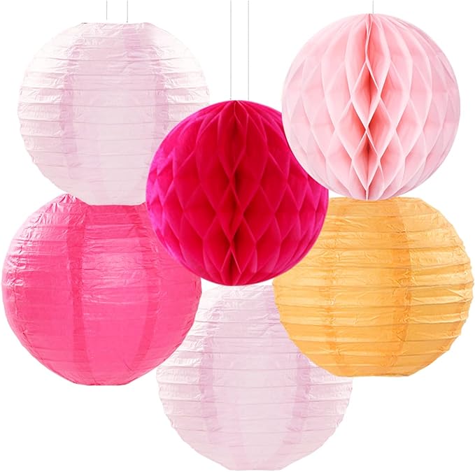 Hot-Pink Burnt-Orange Party-Decorations Streamers Lanterns - 14pcs Fall Birthday Baby Shower Paper Honeycomb Fan,Tissue Pom Poms, Autumn Thanksgiving Bridal Wedding Graduation Decor Ouruola