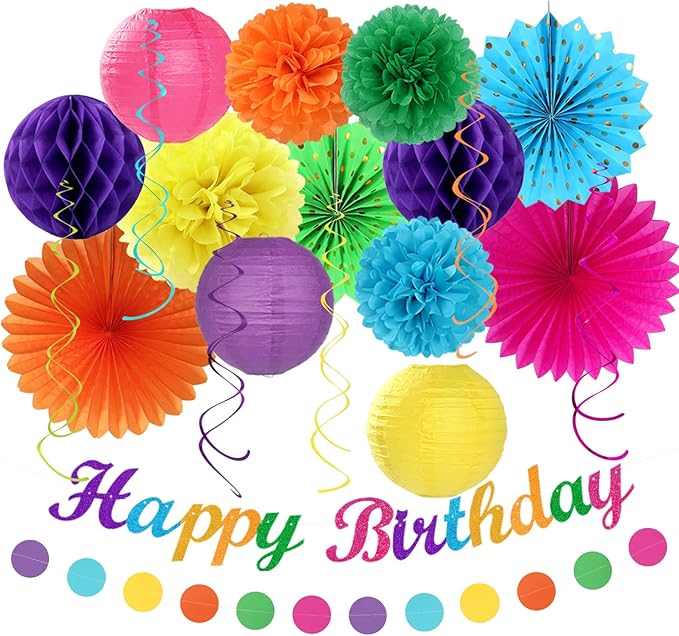 Rainbow Friends Colorful Birthday Party-decorations - 21pcs Girls Boys Happy Banner Garland, Paper Streamers Lanterns,Flower Tissue Pom Poms Fan Supplies,Wall Backdrop Decor Huglony